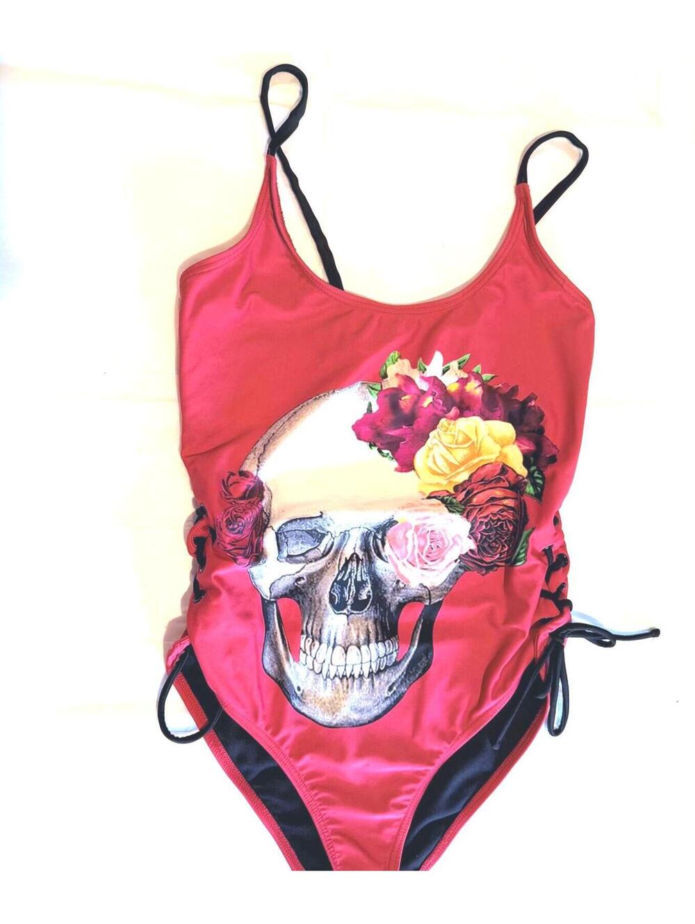 Hot Topic Skull Scoop Neck Adjustable Red One Piece Swimsuit Size Large